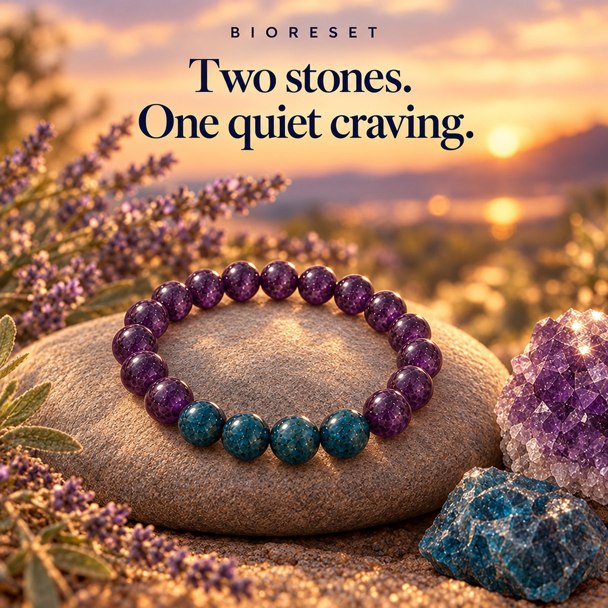 BIORESET Craving Bracelet, amethyst and four blue apatite beads