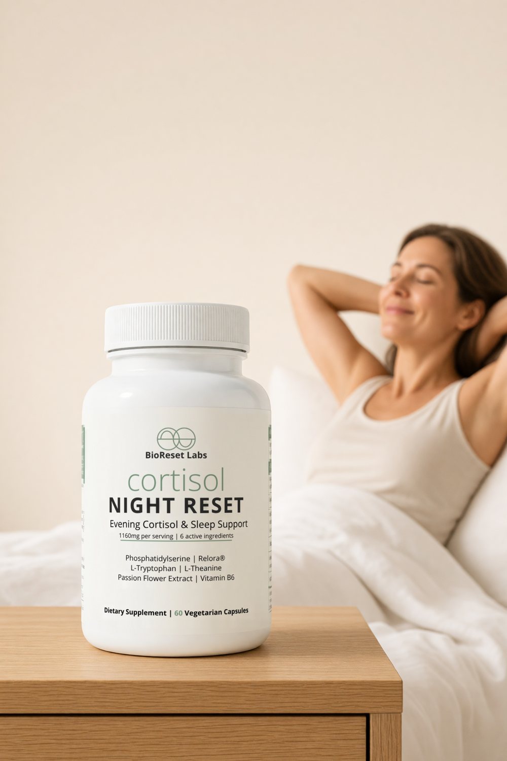 Woman waking up rested next to a bottle of Night Reset